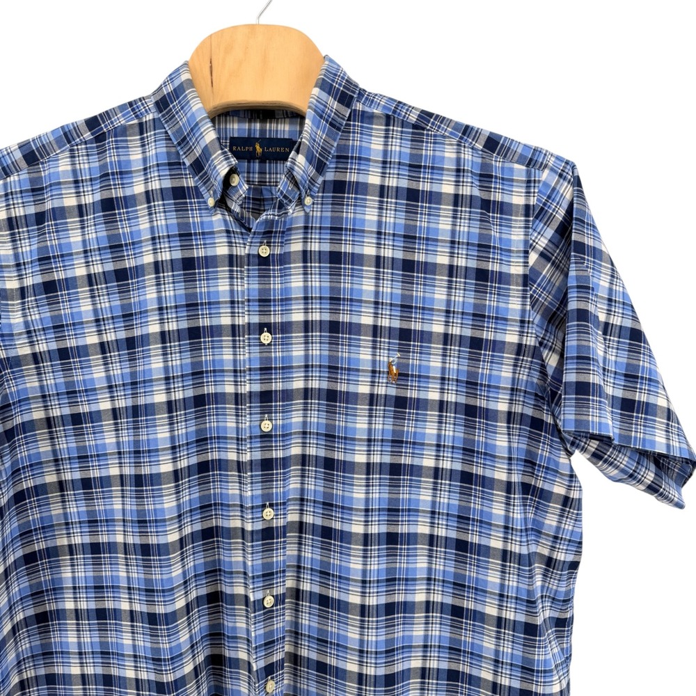 Ralph Lauren Button Down Shirt Mens 2XB Pre-Owned Blue Plaid Cotton Flesh Pony
